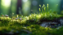 Moss And Small Mushrooms In The Forest. Selective Focus