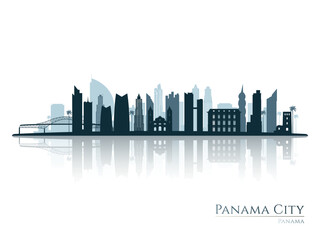 Panama City skyline silhouette with reflection. Landscape Panama City. Vector illustration.