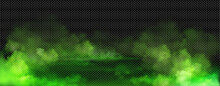 Realistic Green Gas Clouds On Transparent Background. Vector Illustration Of Toxic Fog, Evil Magic Mist, Poisonous Evaporation, Color Powder, Stinky Odor Waves, Mysterious Halloween Glow, Dirty Fume