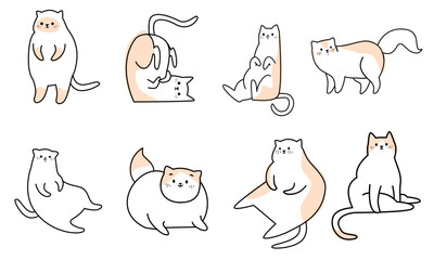  Vector collection of linear cats. Cute white cats with beige spots 