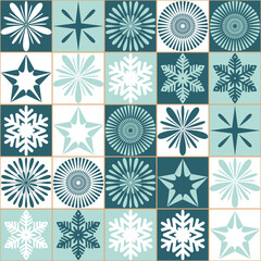 Christmas decoration snowflake crystal snow patchwork square seamless pattern background for christmas party