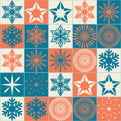 Christmas seamless pattern with square and snowflake, contrast blue orange color, vector illustration