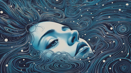 Wall Mural - A painting of a woman with long hair. Generative AI. Illustration of REM, rapid eye movement sleep phase.