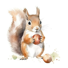 Wall Mural - A watercolor painting of a squirrel holding a nut. Generative AI.