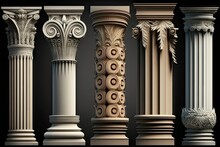 Stone Pillars Set, Old Roman Columns, Marble Greek Pillar, Rome Greece Architecture, Generative AI Illustration