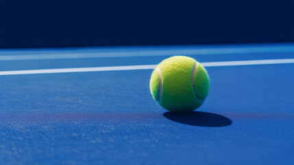 Tennis ball rests on blue tennis court, Generative AI