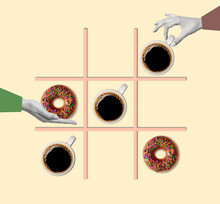 Contemporary Art Collage Of Hands Playing In Tic Tac Toe Or Noughts And Crosses Game With A Cup Of Coffee And Donut. Modern Design.