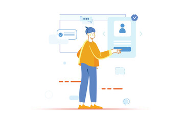 Poster - Recruiting concept with people scene in the flat cartoon style. The recruiter is looking for profiles of future employees on the Internet. Vector illustration.