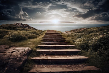 Stairs Leading To Distant Horizon, Representing Journey Towards Goals. Generative AI