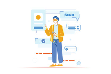 Aufkleber - Money transfer concept with people scene in the flat cartoon style. The guy transfers money for various purchases and services. Vector illustration.