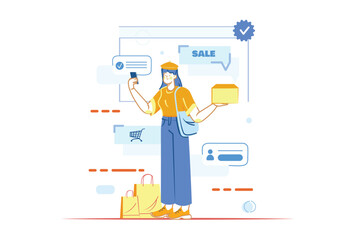 Aufkleber - E-commerce concept with people scene in the flat cartoon style. The girl chooses new clothes and various things with discounts on the Internet. Vector illustration.