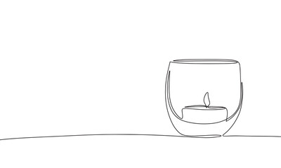 Candle in glass. One line continuous candle. Line art, outline, single line silhouette. Hand drawn vector illustration. 