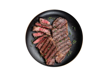 Sticker - Barbecue denver strip beef meat steak on a plate.  Isolated, transparent background.