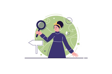 Poster - Concept Searching for opportunities with people scene in the flat cartoon design. The girl is looking for a job on the Internet. Vector illustration.