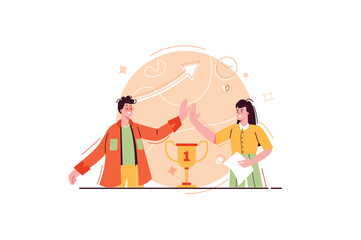 Poster - Concept Business success with people scene in the flat cartoon design. Colleagues are happy for joint career success. Vector illustration.