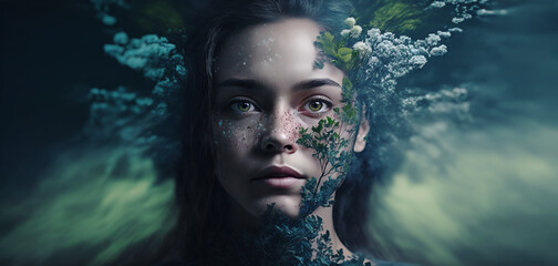 Wall Mural - Conceptual Imaginative portraits evoking different moods, emotions and feelings. Surreal woman with natural elements over her face. Generative ai