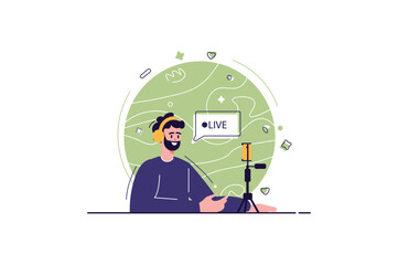 Poster - Live streaming concept with people scene in the flat cartoon style. The man conducts a live broadcast in a specially equipped radio studio. Vector illustration.