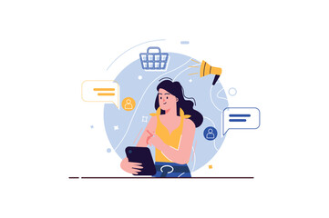 Poster - Social marketing concept with people scene in the flat cartoon design. A marketer analyzes the needs of society on the Internet for further work. Vector illustration.