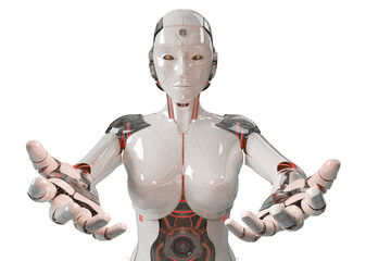 Isolated woman robot opening her two hands. Futuristic cyborg. 3D rendering white and red humanoid cut out with transparent background