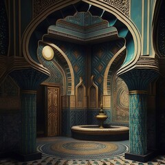 Arab Palace, Harem, Grand Hamam, Hotel, Luxurious Oriental Interiors, Abstract Generative AI Illustration