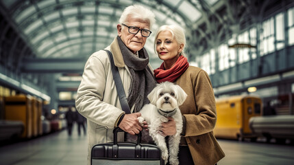 Poster - A man and a woman standing next to a dog. Generative AI. Travel by train with pets.