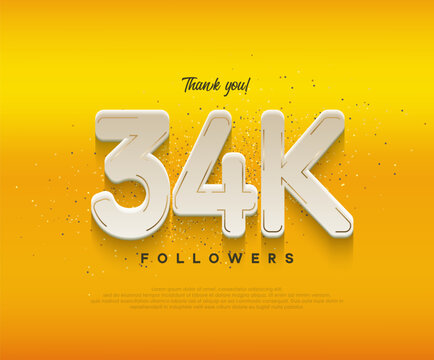 34k followers celebration with modern white numbers on yellow background.