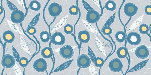 Wall Mural - floral seamless pattern childish style blue silver shades