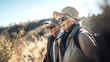 Happy elderly senior couple hiking in the mountains together, enjoying life, generated ai