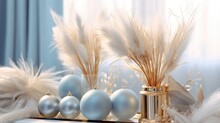 Premium Christmas Decorations With Pampas Grass. Pastel Blue And Gold Festive Scene.