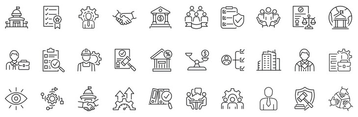 set of line icons related to governance, management, gov. outline icon collection. editable stroke. 