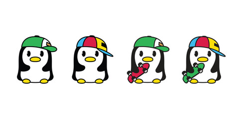 Poster - penguin vector cap hat skateboard icon skating bird logo extreme sport cartoon character rgb doodle illustration symbol design isolated