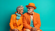 © CROCOTHERY - portrait of an cool and happy senior couple with hat, crazy lifestyle concept, fictional persons created with generative ai