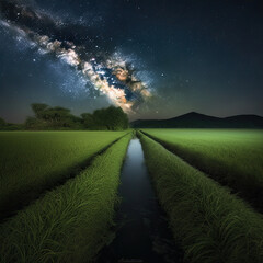 Wall Mural - Cosmic Delight: Stunning Milky Way View Amidst a Serene Paddy Field Landscape Created Using Generative Ai