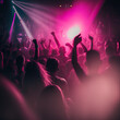 © Creative Valley - Dynamic Nightclub Energy: Blurred Photography of a Dancing Crowd bathed in Pink Neon Created Using Generative Ai