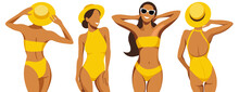 Vector Illustration On The Theme Of Summer Holidays And Tropical Holidays. Four Different Beautiful Young Tanned Girls In Yellow Swimsuits Are Standing And Sunbathing On The Beach. Elements Isolated.