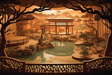 Aufkleber - An enchanting paper-cut scene of a Japanese onsen (hot spring) resort, with cutouts of steam, bathhouses, and serene landscapes,  Generative AI technology.