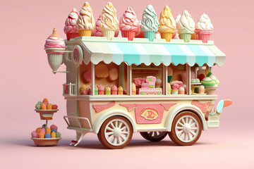 Poster - A whimsical paper-cut artwork of an ice cream cart, with cutouts of various ice cream flavors and toppings,  Generative AI technology.
