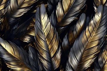 Poster - A modern and sleek feather background pattern texture, with feathers in metallic tones and geometric shapes, Generative AI technology.