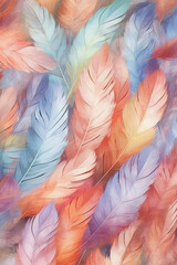 Poster - A watercolor-style feather background pattern texture, with soft and blended hues, Generative AI technology.