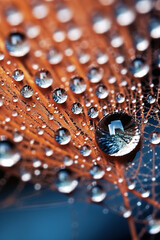 Poster - frozen dewdrops on a spider's web, showcasing the delicate and intricate structures formed by frozen water droplets. Generative AI technology.