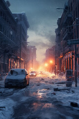 Aufkleber - a frozen city street, with buildings, streetlights, and vehicles covered in a thick layer of frost,  Generative AI technology.