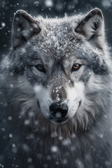 Aufkleber - a frozen wolf, with its fur covered in frost, capturing the intense and captivating gaze of this wild creature. Generative AI technology.