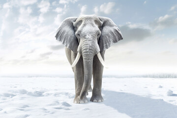 Poster - a frozen elephant standing tall in a snowy landscape, conveying the strength and beauty of these gentle giants in extreme weather conditions. Generative AI technology.