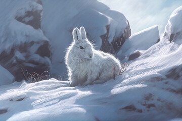 Poster - An artistic illustration of a frozen arctic hare, with its fur blending seamlessly with the snow-covered landscape,  Generative AI technology.