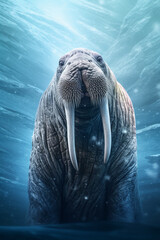 Poster - An abstract illustration of a frozen walrus, with its massive tusks and wrinkled skin covered in a layer of frost,  Generative AI technology.