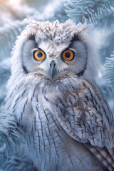 Poster - A close-up image of a frozen owl perched on a tree branch, with its piercing eyes and intricate feather patterns captivating the viewer. Generative AI technology.