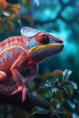 Poster - A close-up image of a colorful chameleon perched on a branch, showcasing its remarkable ability to blend into its surroundings.  Generative AI technology.
