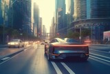 Fototapeta  - A self driving car navigating through city. Technology iot. Smart city. Generative AI