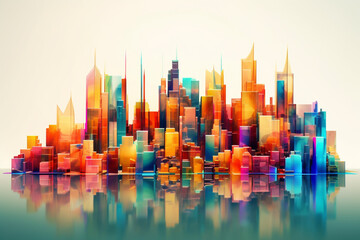 Poster - an abstract representation of a city skyline composed of geometric shapes and vibrant colors, defyin