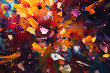 Poster - An abstract painting depicting a chaotic and fragmented world, with disjointed shapes and vivid colors that convey a sense of turmoil and unpredictability.  Generative AI technology.
